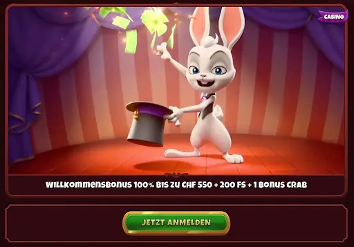 Weißer Hase auf Bühne hält einen Zauberhut, aus dem Geldscheine fliegen, daneben Text: Willkommensbonus 100% bis zu CHF 550 + 200 Freispiele + 1 Bonus Crab.