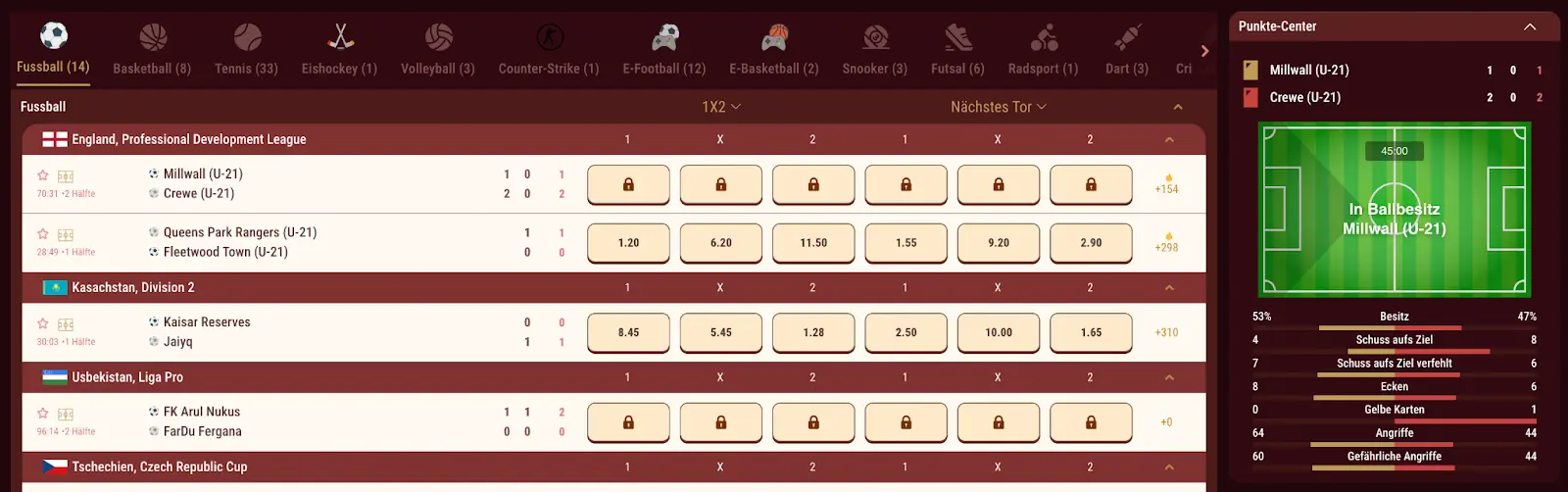 Magius Casino Livewetten-Ansicht für Fußball mit laufenden Spielen aus England, Kasachstan, Usbekistan und Tschechien, inklusive Quoten für 1X2 und Statistiken wie Ballbesitz, Torschüsse, Ecken und Angriffe.