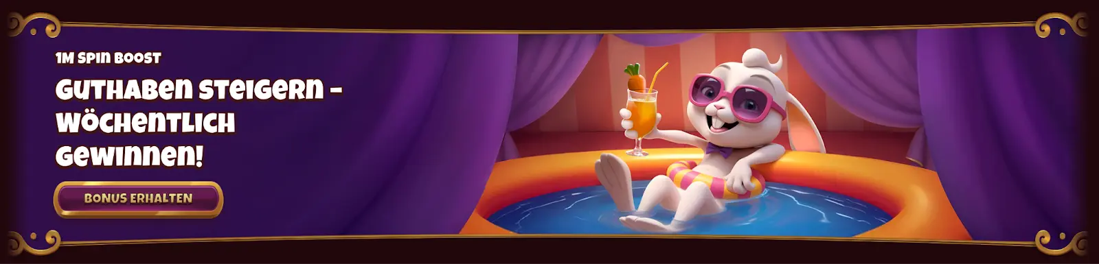 Weißes Kaninchen mit Sonnenbrille entspannt im Pool mit einem Cocktail in der Hand, daneben Text „1M Spin Boost – Guthaben steigern, wöchentlich gewinnen!“