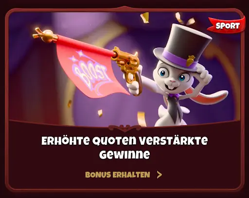 Weißes Kaninchen im Zylinder hält eine Pistole mit „Boost“-Fahne, umgeben von Konfetti, daneben Text „Erhöhte Quoten Verstärkte Gewinne“.