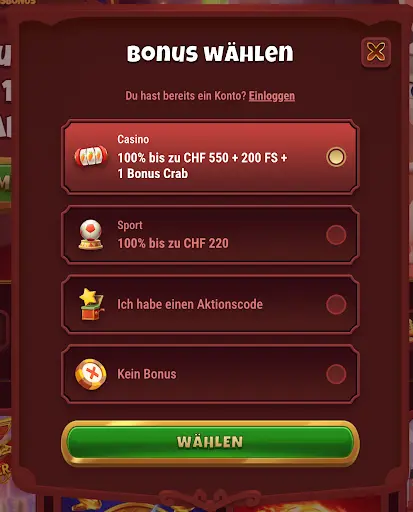 Bonusauswahl Casino oder Sport