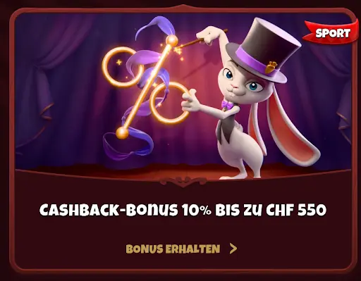 Weißes Kaninchen im Zylinder zeigt mit Zauberstab auf Waage, daneben Text „Cashback-Bonus 10% bis zu CHF 550“.