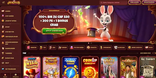 Magius Casino Startseite mit Willkommensbonus 100% bis zu CHF 550 + 200 Freispiele + 1 Bonus Crab, weißer Hase mit Zylinder auf Bühne.