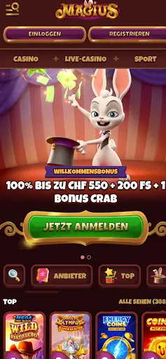 Startseite von Magius Casino auf dem Handy mit Willkommensbonus 100% bis zu CHF 550 + 200 Freispiele + 1 Bonus Crab, animierter Hase mit Zylinder, Navigation zu Casino, Live-Casino und Sport.