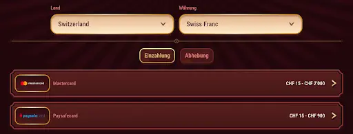 Auswahlmenü für Ein- und Auszahlungen im Magius Casino mit Optionen für Mastercard und Paysafecard in der Schweiz, Währung Schweizer Franken.