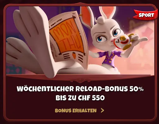 Weißes Kaninchen liest Zeitung „Mon-Thu“ und trinkt aus einer Tasse, daneben Text „Wöchentlicher Reload-Bonus 50% bis zu CHF 550“.