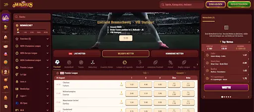 Magius Casino Sportwetten-Bereich mit Live-Wetten, beliebten Wetten und kommenden Spielen, Anzeige von Premier League Quoten für Chelsea, Manchester United, Sunderland und weitere Teams.