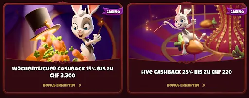 Weißer Hase zaubert mit einem Zylinderhut, aus dem Geldscheine herausfliegen, daneben Text: Wöchentlicher Cashback 15% bis zu CHF 3.300.